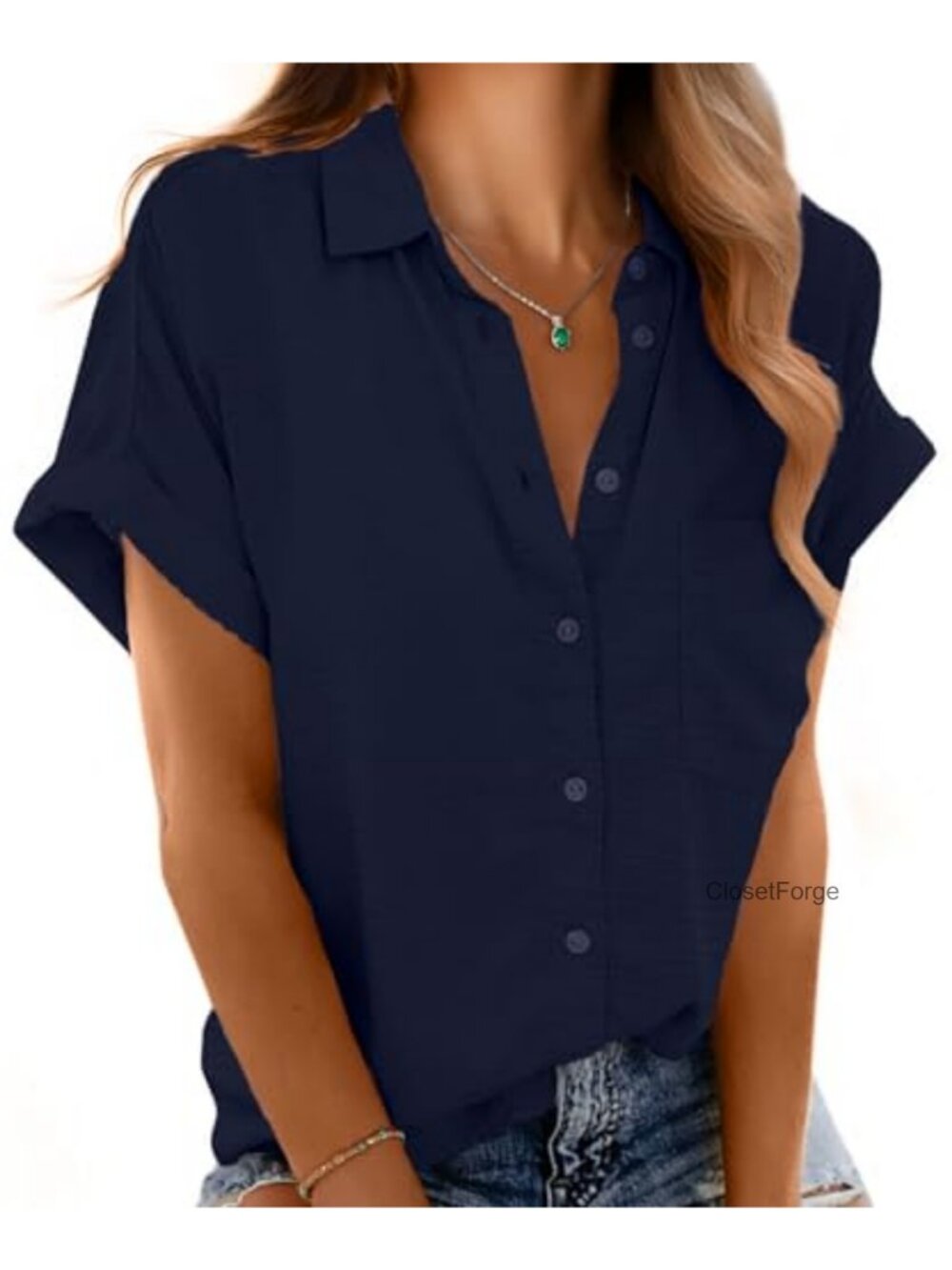 Women's Short Sleeve Button Down Shirt V-Neck Loose Collared Blouse with Pockets